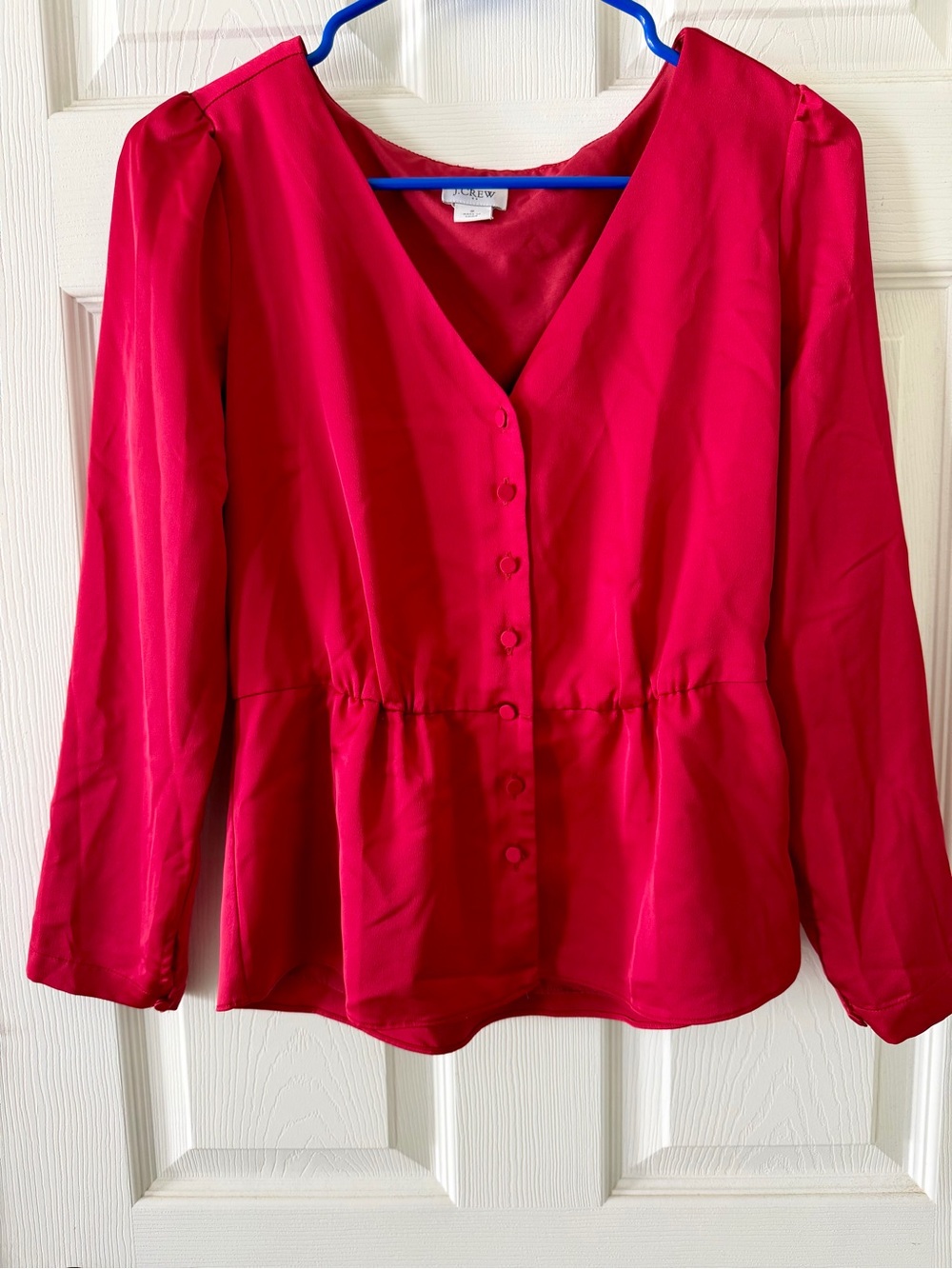 J. Crew Bright Red V-Neck Button Peplum Blouse